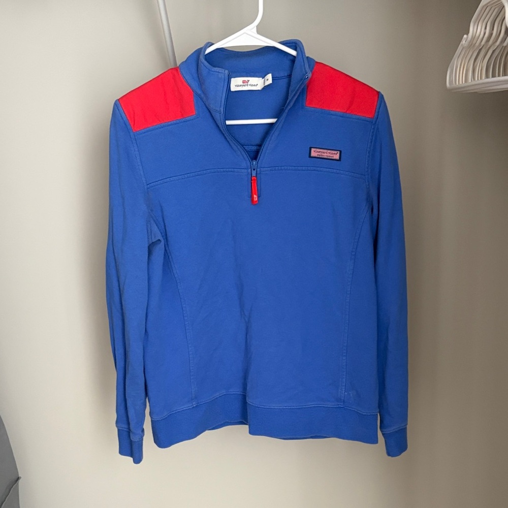 Vineyard Vines Blue Zip-Up Sweater with Red Accents